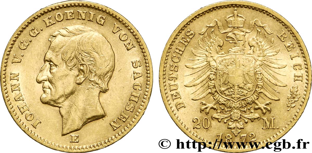 ALLEMAGNE - SAXE 20 Mark Royaume de Saxe : Jean, roi de Saxe / aigle impérial 1872 Dresde - E SUP 