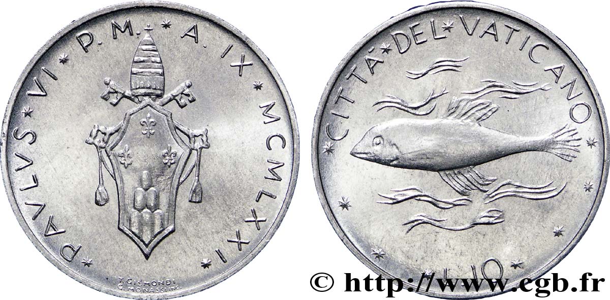 VATICAN AND PAPAL STATES 10 Lire armes du Vatican, An IX du pontificat de Paul VI 1971  MS 