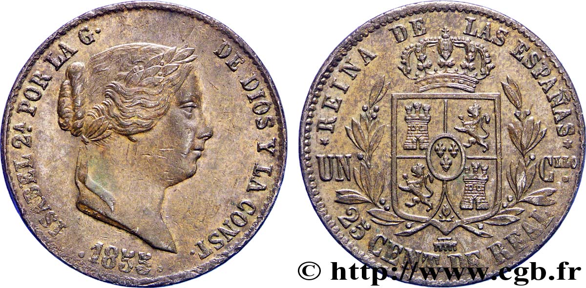 SPAIN 25 Centimos de Real (Cuartillo) Isabelle II / écu couronné 1855 Ségovie AU 