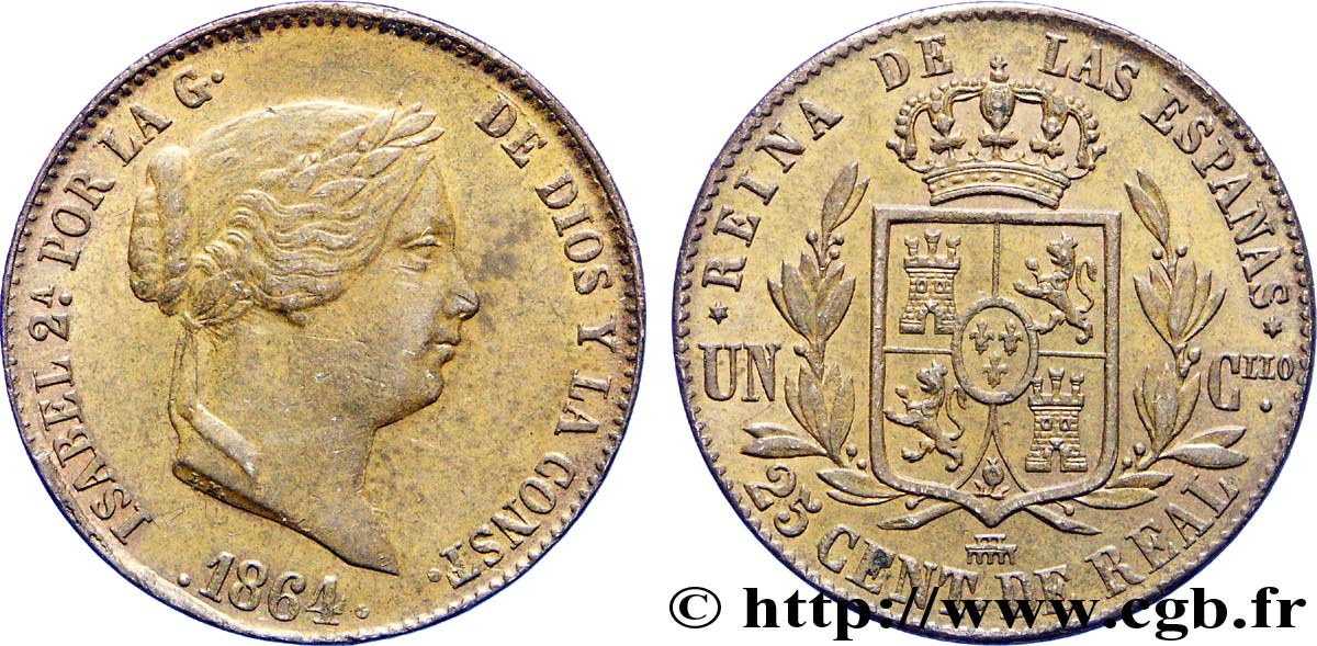 SPANIEN 25 Centimos de Real (Cuartillo) Isabelle II / écu couronné 1864 Ségovie VZ 