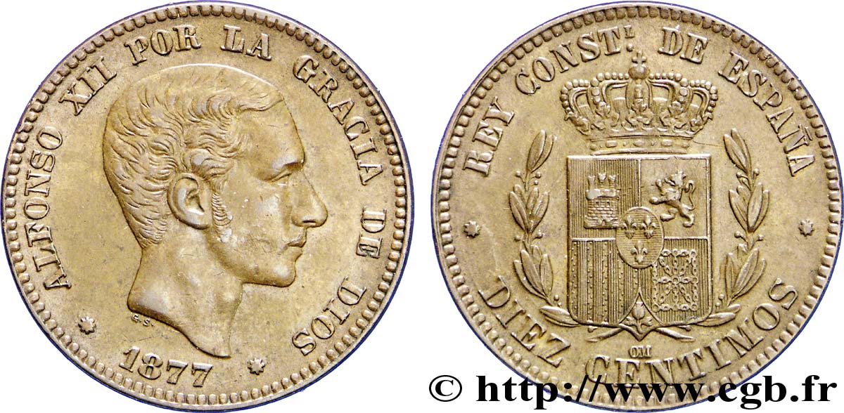 SPAIN 10 Centimos Alphonse XII 1877 Oeschger Mesdach & CO AU 