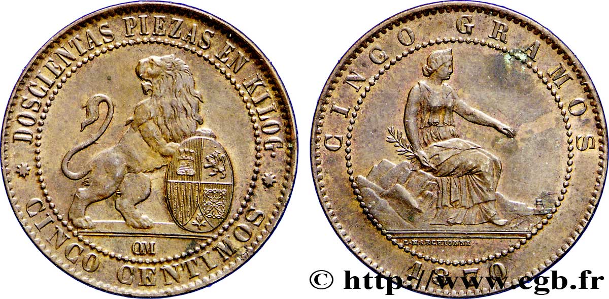 SPANIEN 5 Centimos “ESPAÑA” assise / lion au bouclier 1870 Oeschger Mesdach & CO VZ 