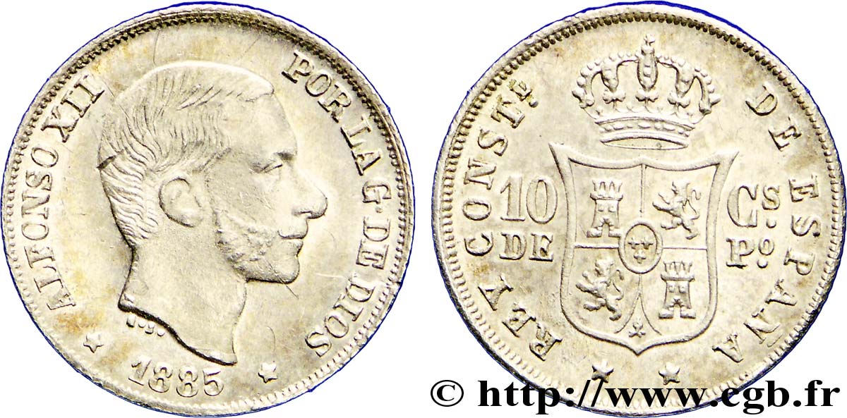 PHILIPPINES 10 Centimos de Peso Alphonse XII 1885 Manille AU 