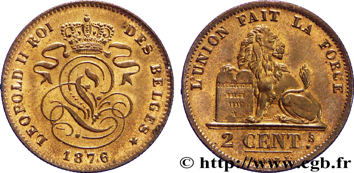 BÉLGICA 2 Centimes lion monogramme de Léopold II 1876  SC 