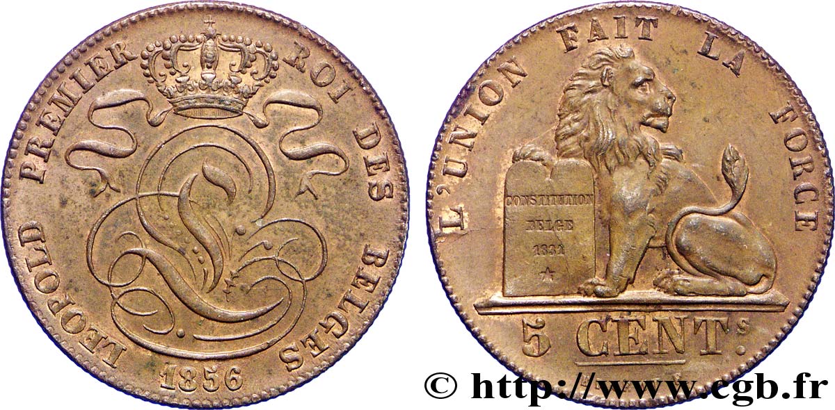 BELGIEN 5 Centimes monograme de Léopold couronné / lion 1856  VZ 