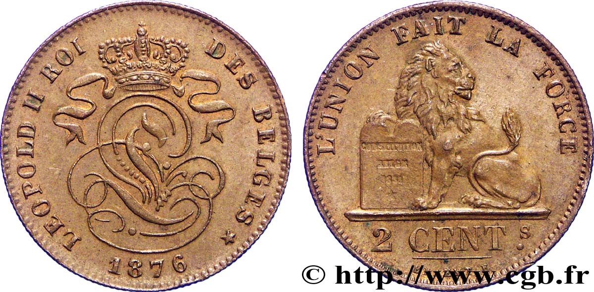 BELGIEN 2 Centimes lion monogramme de Léopold II 1876  VZ 