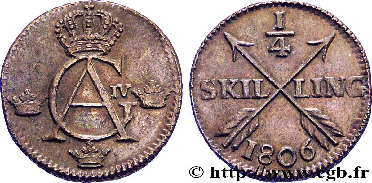 SVEZIA 1/4 Skilling monograme du roi Gustave IV Adolphe 1806  q.SPL 