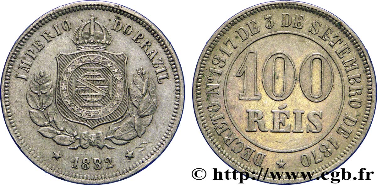 BRASILIEN 100 Reis Empereur Pierre II 1882  VZ 