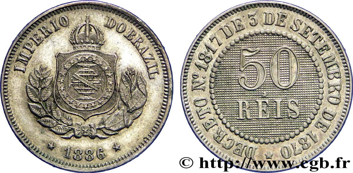 BRASILIEN 50 Reis Empereur Pierre II 1886  VZ 