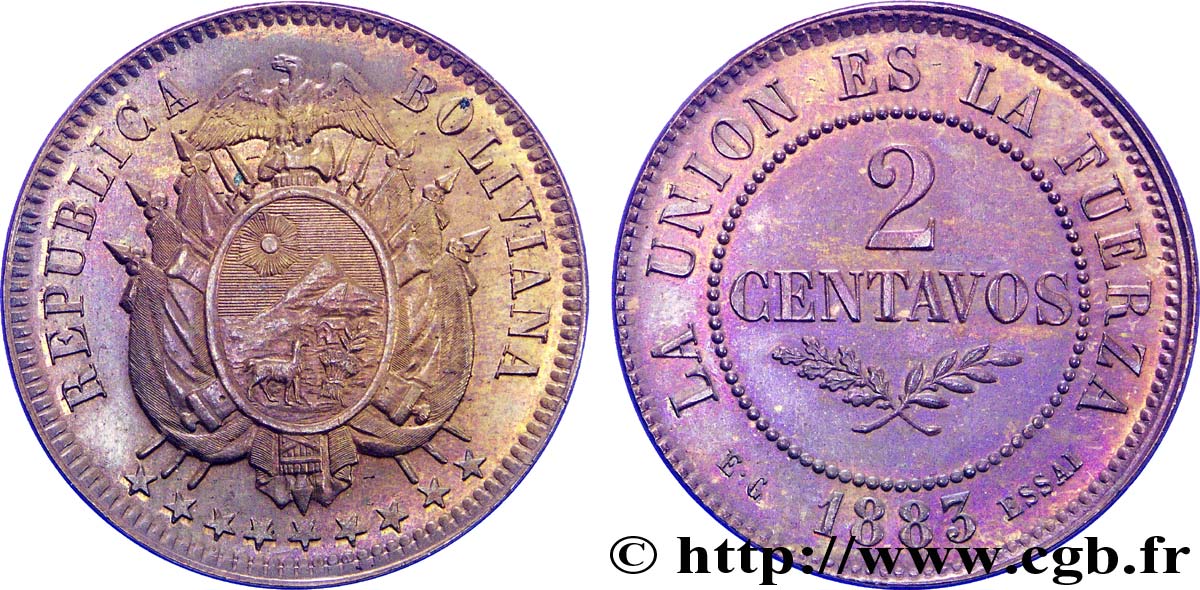 BOLIVIA Essai de 2 Centavos 1883 Paris SPL 