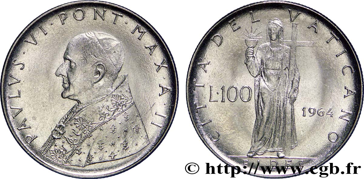 VATICANO Y ESTADOS PONTIFICIOS 100 Lire Paul VI an II / Fides tenant la croix 1964 Rome EBC 