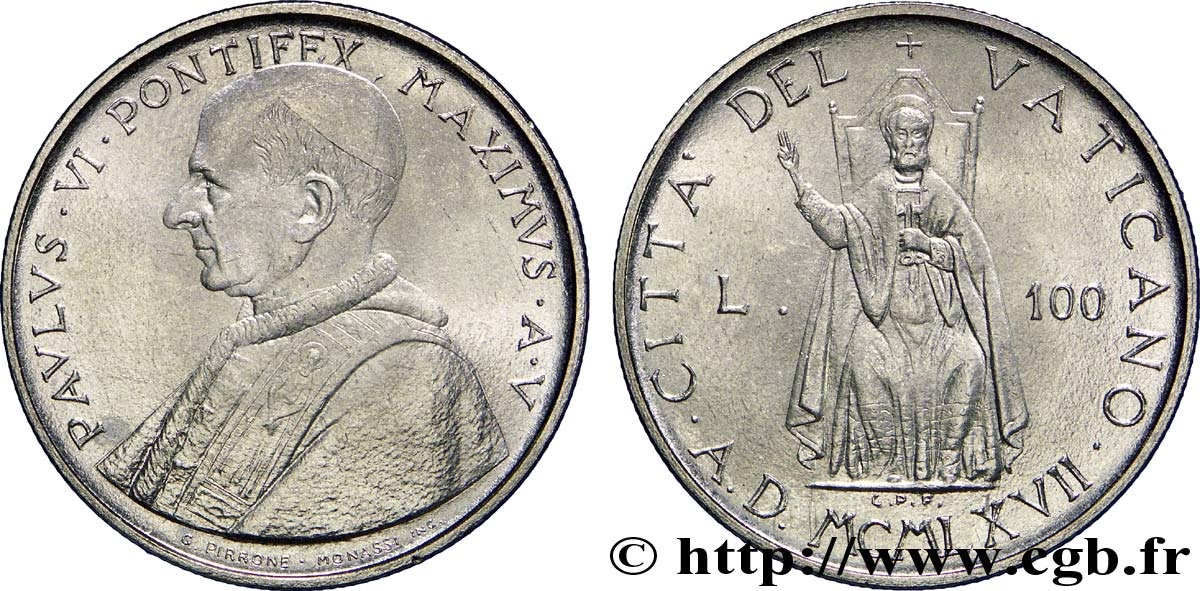 VATIKANSTAAT UND KIRCHENSTAAT 100 Lire Paul VI an V / St Pierre 1967 Rome VZ 