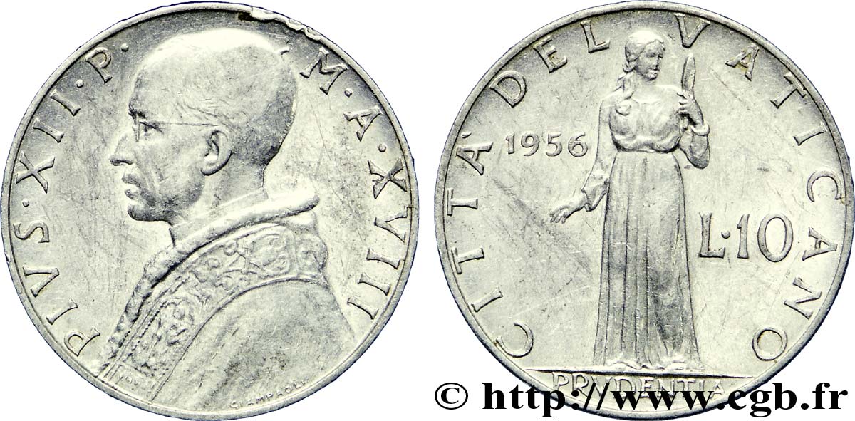 VATICAN AND PAPAL STATES 10 Lire Pie XII an XVIII / la ‘prudence’ 1956  XF 