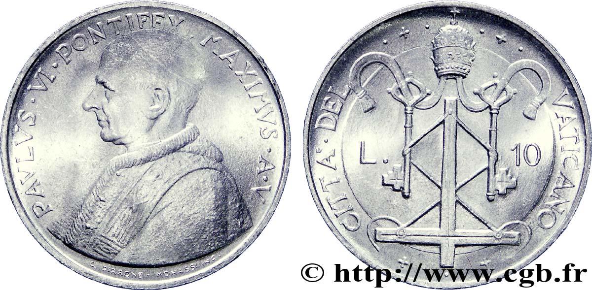 VATICAN AND PAPAL STATES 10 Lire Paul VI an V / armes 1966  AU 