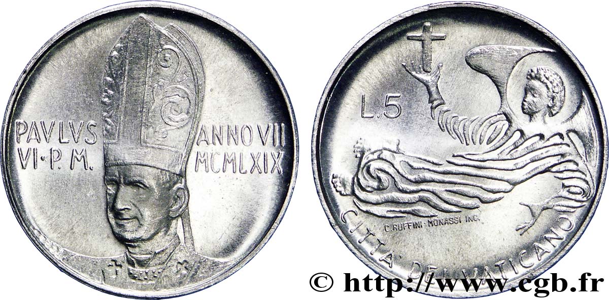 VATICAN AND PAPAL STATES 5 Lire Paul VI an VII / ange 1969 Rome AU 