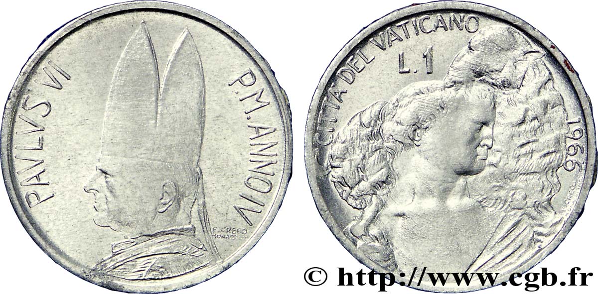 VATICANO E STATO PONTIFICIO 1 Lire armes An IV du pontificat de Paul VI / berger et agneau 1966 Rome SPL 