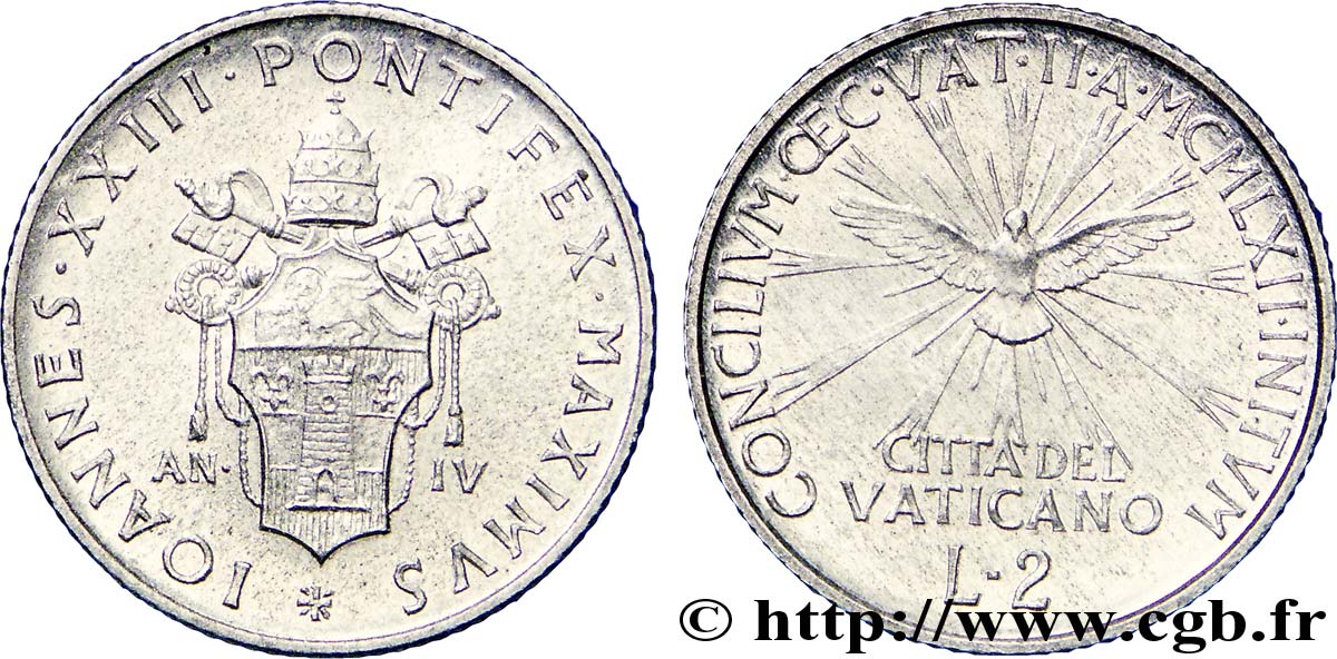 VATIKANSTAAT UND KIRCHENSTAAT 2 Lire armes du Vatican, pontificat de Jean XXIII an IV / Concile Vatican II 1962  VZ 