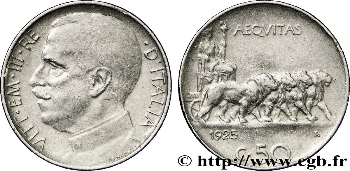 ITALIA 50 Centesimi  Victor Emmanuel III en uniforme / allégorie de l’Italie et 4 lions 1925 Rome - R MBC+ 
