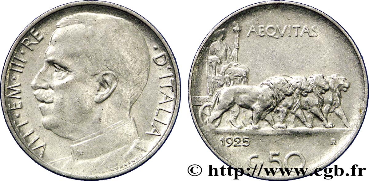 ITALIEN 50 Centesimi  Victor Emmanuel III en uniforme / allégorie de l’Italie et 4 lions 1925 Rome - R VZ 