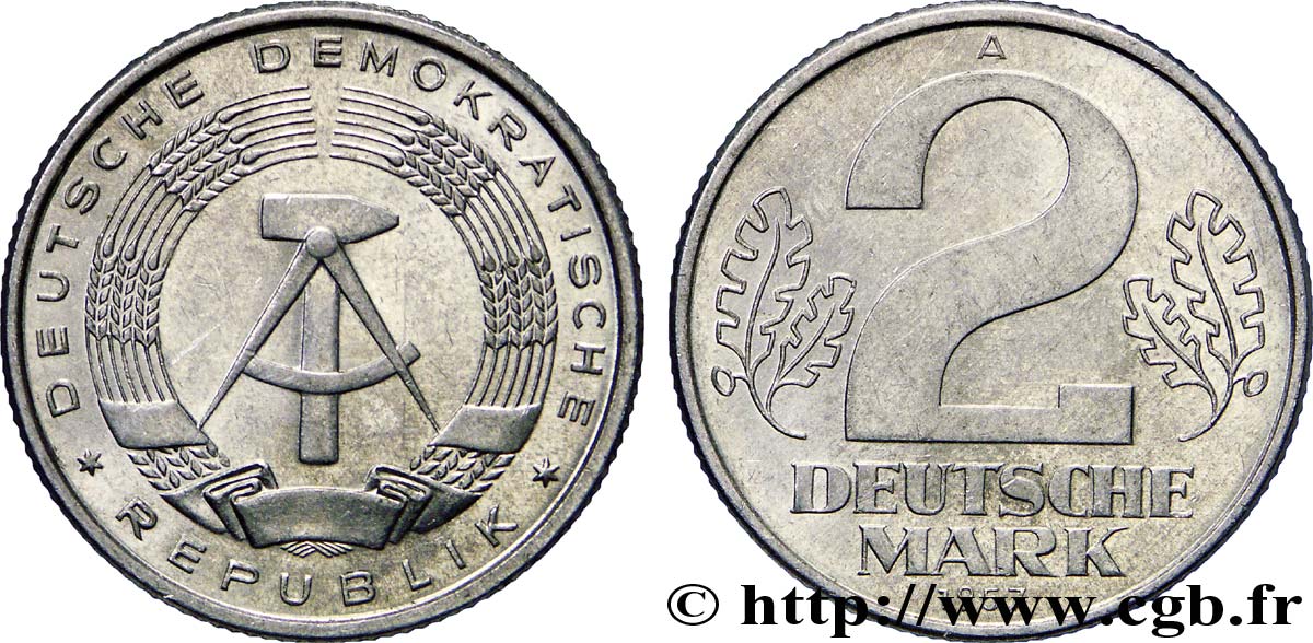 DEUTSCHE DEMOKRATISCHE REPUBLIK 2 Mark emblème de la RDA 1957 Berlin VZ 