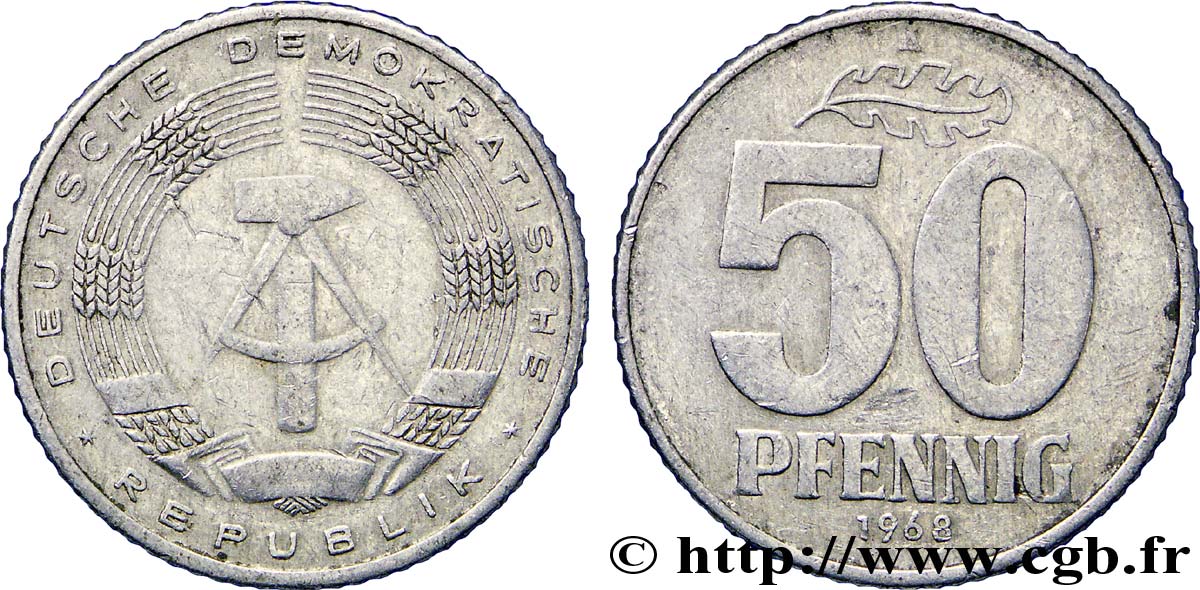 GERMAN DEMOCRATIC REPUBLIC 50 Pfennig emblème de la RDA 1968 Berlin VF 