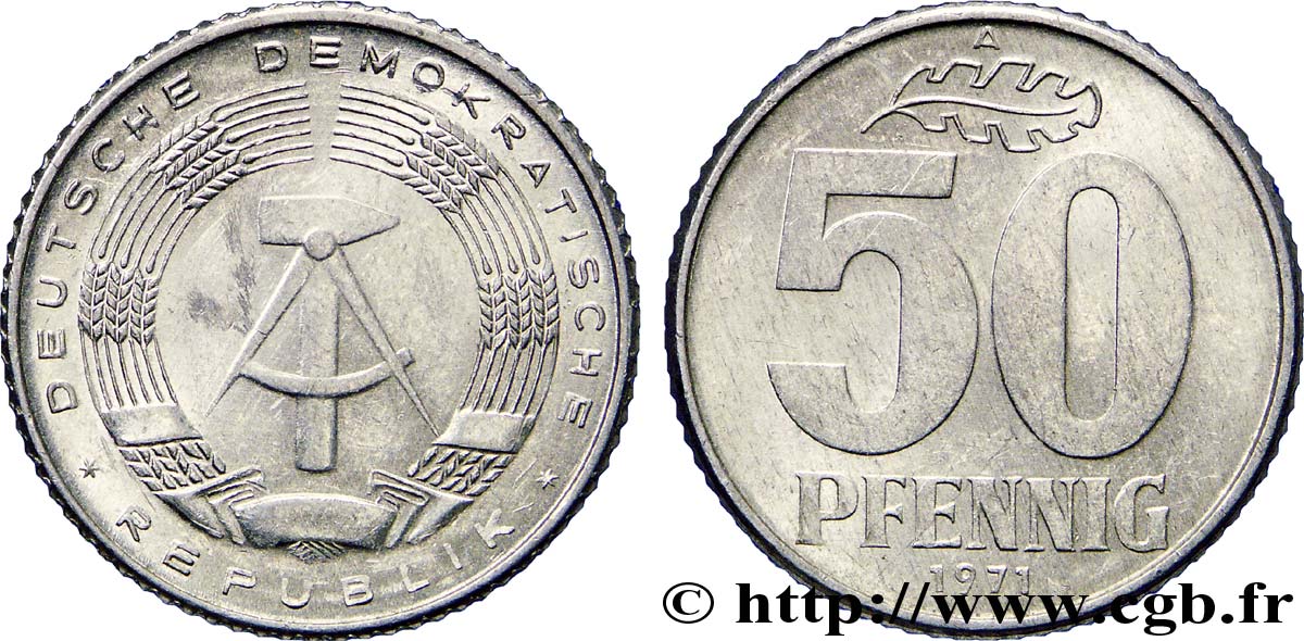 REPúBLICA DEMOCRáTICA ALEMANA 50 Pfennig emblème de la RDA 1971 Berlin MBC+ 