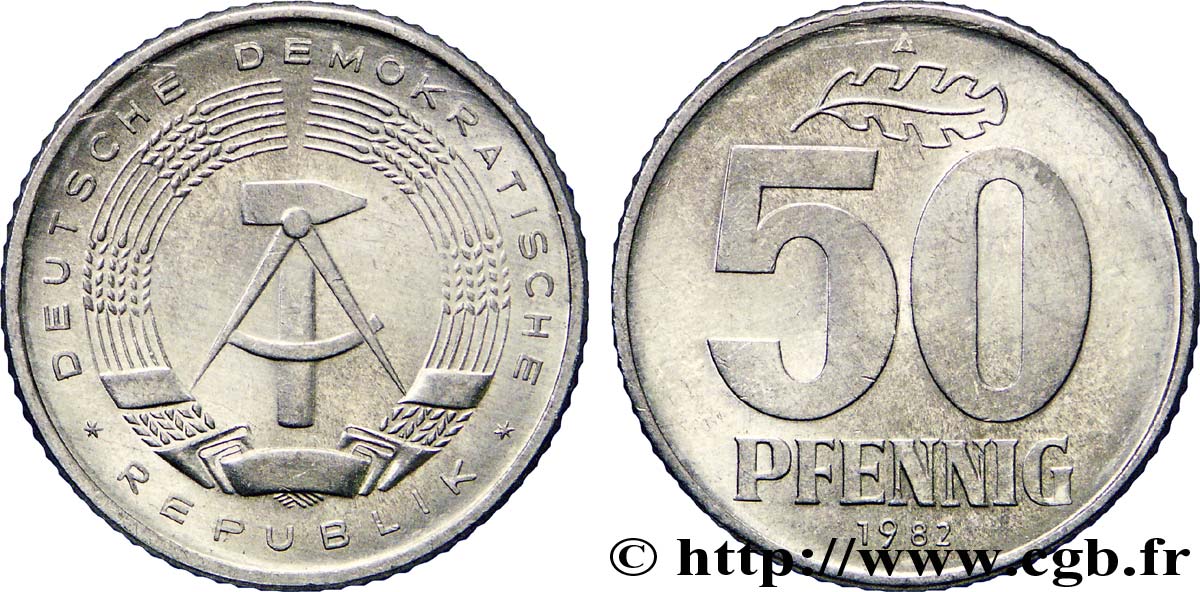 REPUBBLICA DEMOCRATICA TEDESCA 50 Pfennig emblème de la RDA 1982 Berlin SPL 