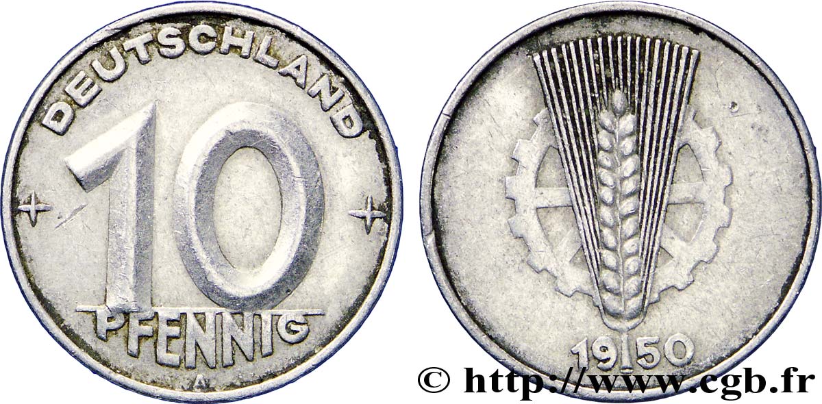 ALLEMAGNE RÉPUBLIQUE DÉMOCRATIQUE 10 Pfennig engrenage et épi type Deutschland 1950 Berlin TB 