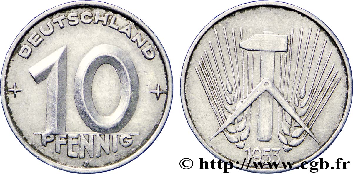 GERMAN DEMOCRATIC REPUBLIC 10 Pfennig épis, marteaux et compas type Deutschland 1952 Berlin XF 