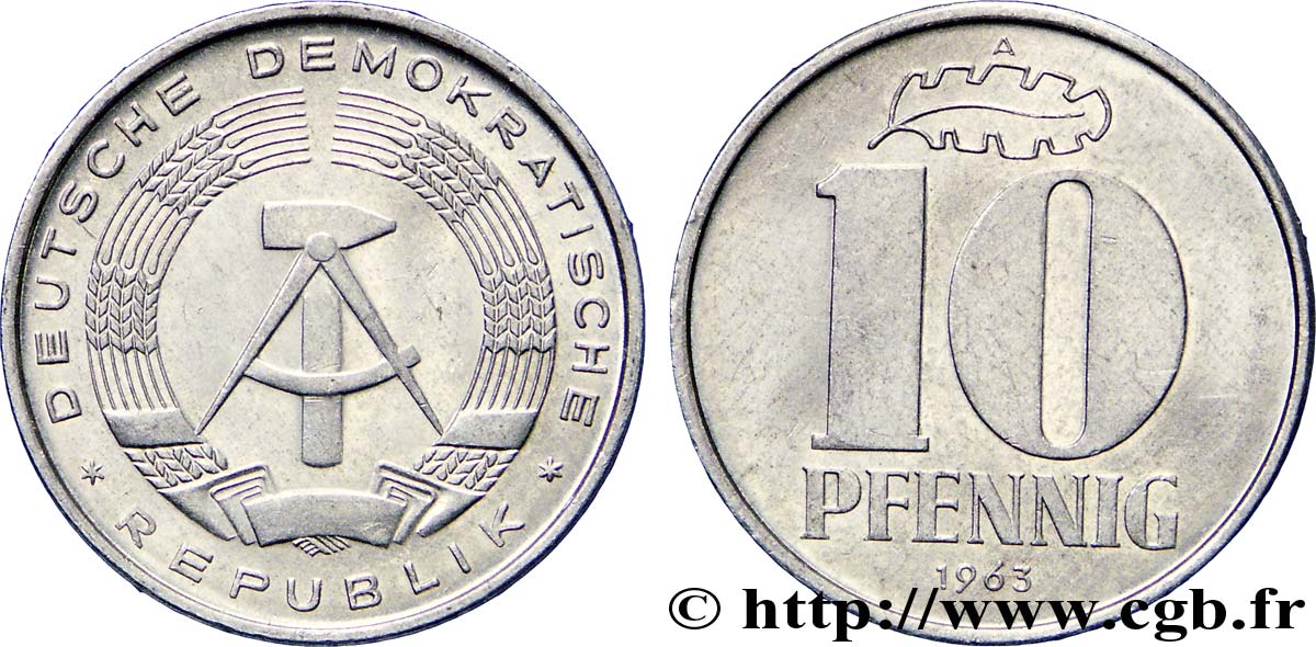 REPúBLICA DEMOCRáTICA ALEMANA 10 Pfennig emblème de la RDA 1963 Berlin EBC 