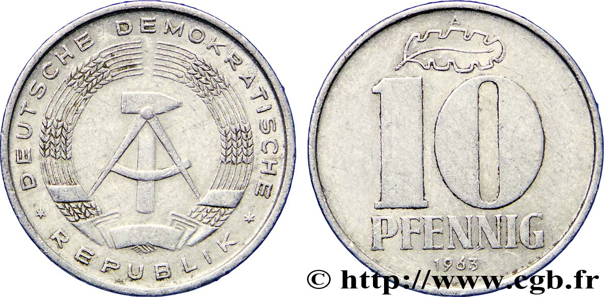 REPúBLICA DEMOCRáTICA ALEMANA 10 Pfennig emblème de la RDA 1963 Berlin MBC 