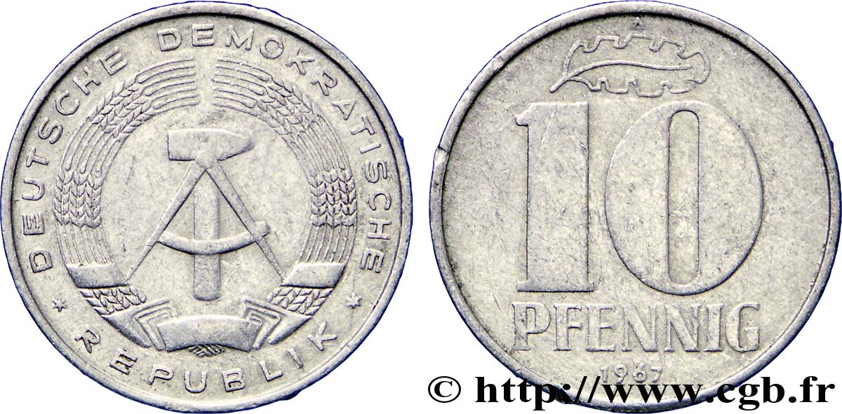 REPUBBLICA DEMOCRATICA TEDESCA 10 Pfennig emblème de la RDA 1967 Berlin BB 