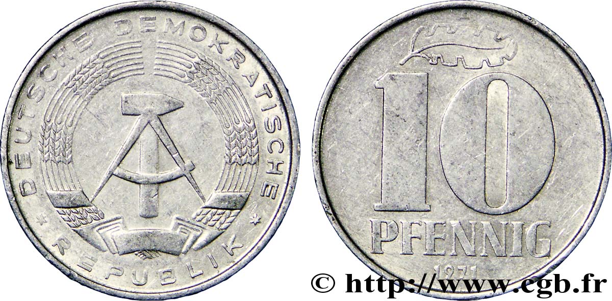 REPUBBLICA DEMOCRATICA TEDESCA 10 Pfennig emblème de la RDA 1971 Berlin BB 