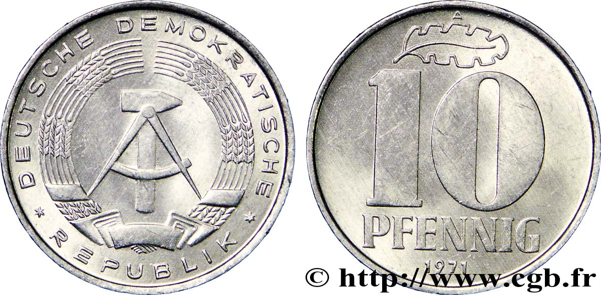 ALLEMAGNE RÉPUBLIQUE DÉMOCRATIQUE 10 Pfennig emblème de la RDA 1971 Berlin SUP 