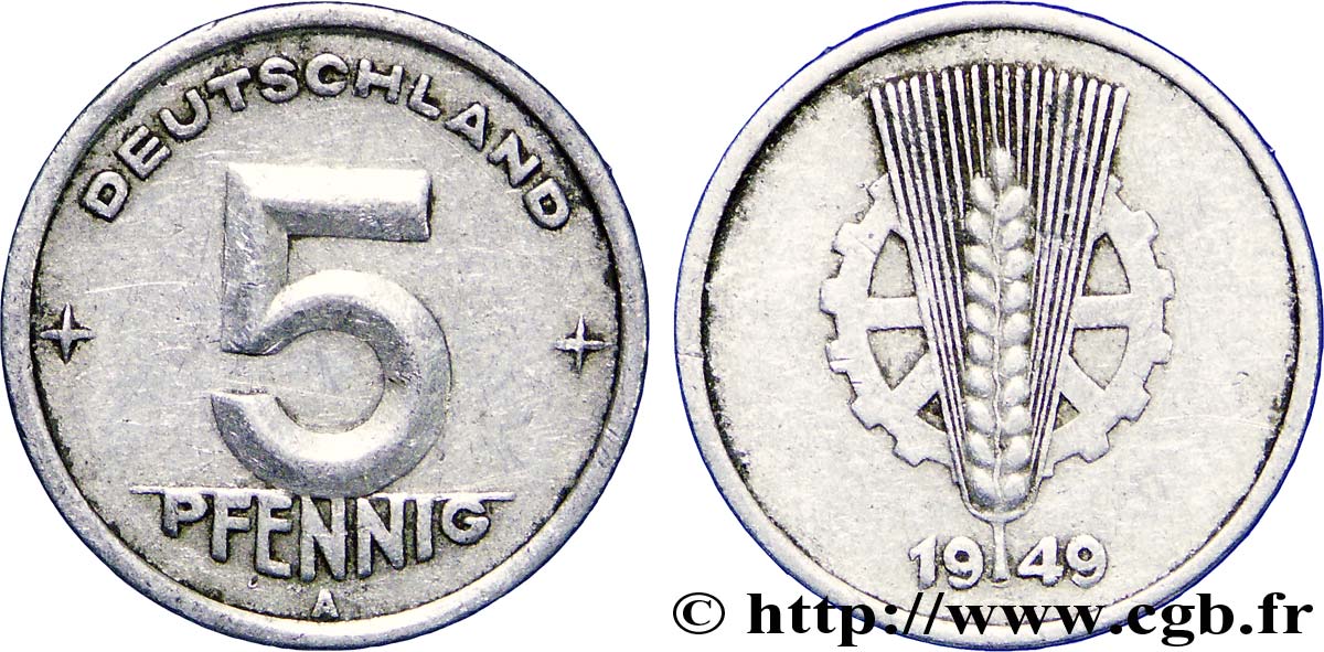 GERMAN DEMOCRATIC REPUBLIC 5 Pfennig épis et engrenage type Deutschland 1949 Berlin XF 