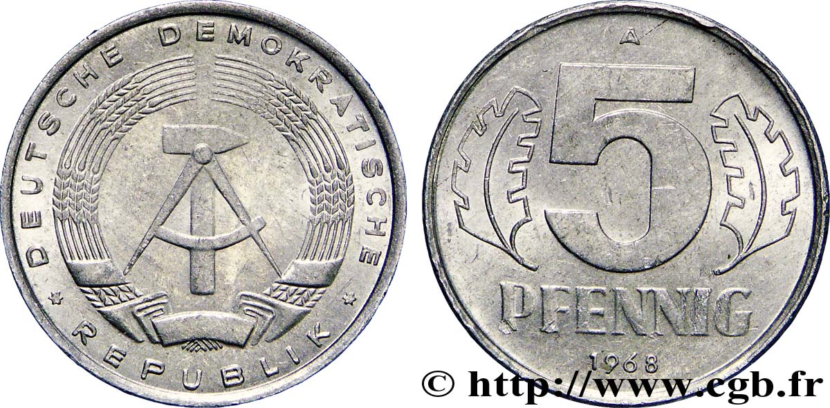 REPúBLICA DEMOCRáTICA ALEMANA 5 Pfennig emblème de la RDA 1968 Berlin EBC 