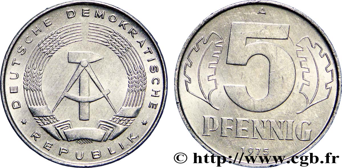 REPúBLICA DEMOCRáTICA ALEMANA 5 Pfennig emblème de la RDA 1975 Berlin EBC 