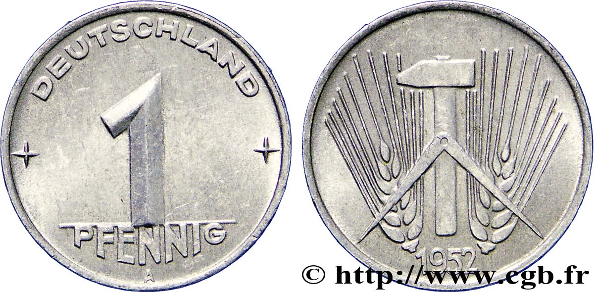 GERMAN DEMOCRATIC REPUBLIC 1 Pfennig épis, marteaux et compas type Deutschland 1953 Berlin AU 
