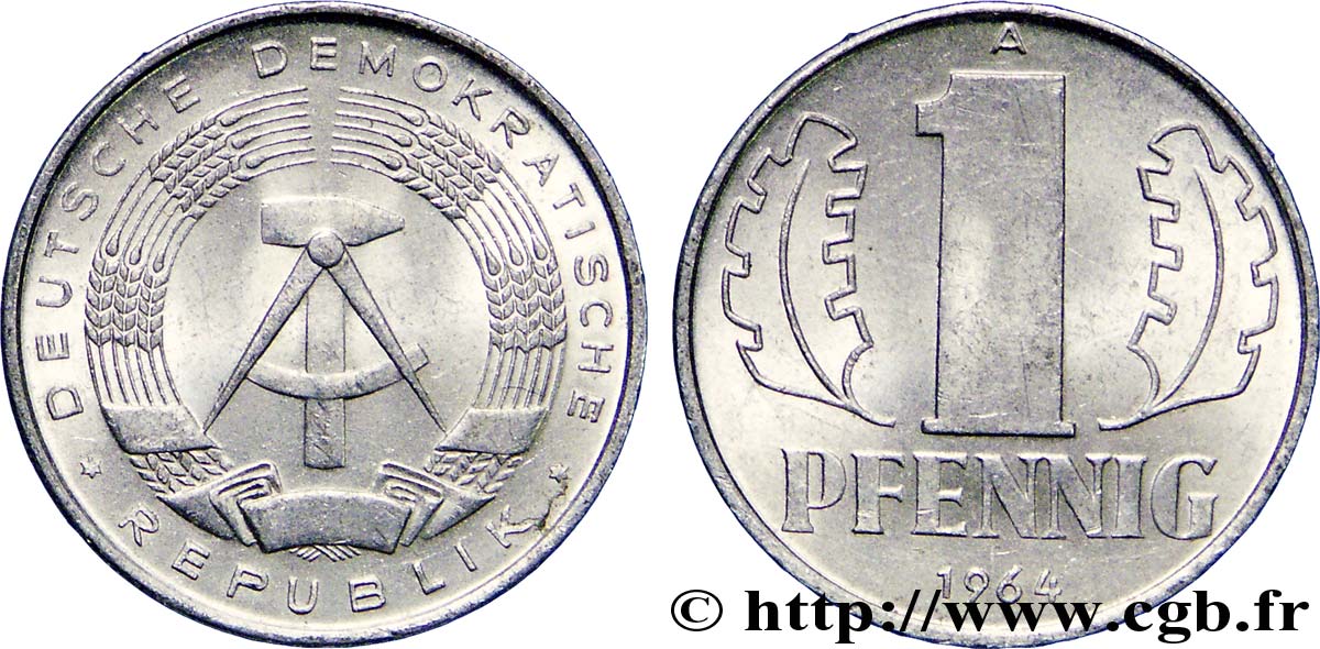 REPúBLICA DEMOCRáTICA ALEMANA 1 Pfennig emblème de la RDA 1964 Berlin EBC 