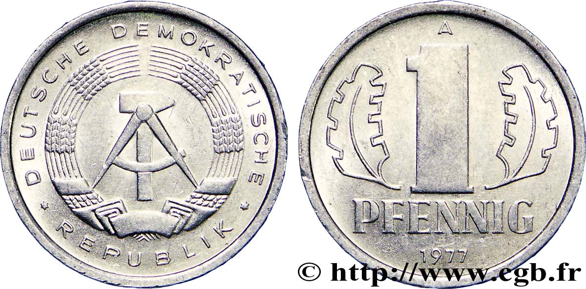 REPUBBLICA DEMOCRATICA TEDESCA 1 Pfennig emblème de la RDA 1977 Berlin SPL 