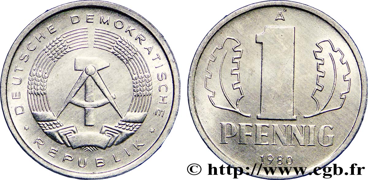 GERMAN DEMOCRATIC REPUBLIC 1 Pfennig emblème de la RDA 1980 Berlin AU 
