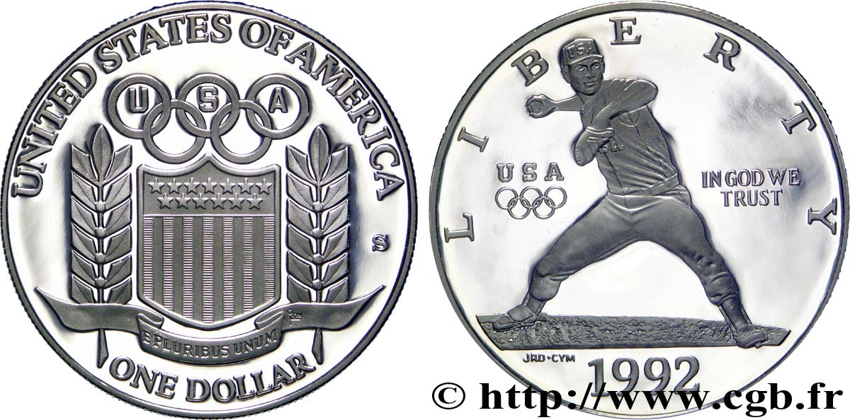 UNITED STATES OF AMERICA 1 Dollar BE (Proof) XXV Olympiade Base-Ball 1992 San Francisco - D MS 