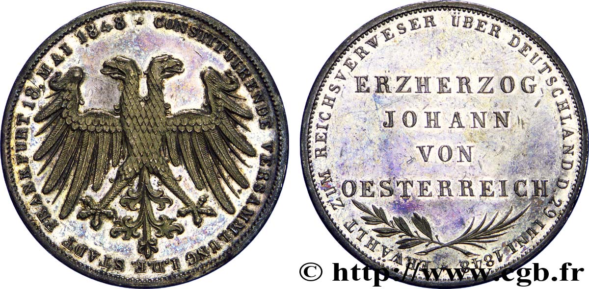 ALEMANIA - CIUDAD LIBRE DE FRáNCFORT 2 Gulden élection de Jean Archiduc d’Autriche 1848  EBC 