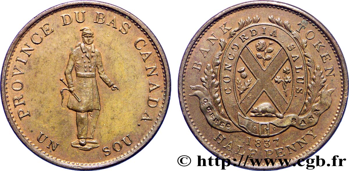 KANADA 1 Sou (1/2 Penny) Province du Bas Canada, Québec 1837 Boulton & Watt fST 