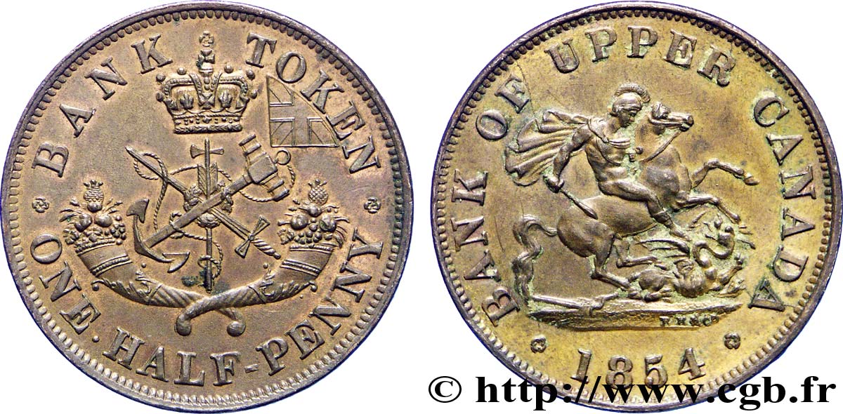 KANADA 1/2 Penny token Province du Haut Canada St Georges terrassant le dragon 1854 Heaton VZ 