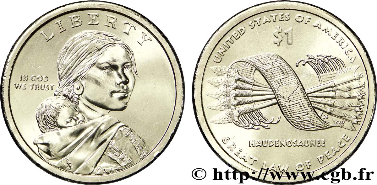 ESTADOS UNIDOS DE AMÉRICA 1 Dollar Sacagawea / ceinture d’Hiawatha unissant les 5 nations iroquoises type tranche B 2010 Philadelphie - P SC 