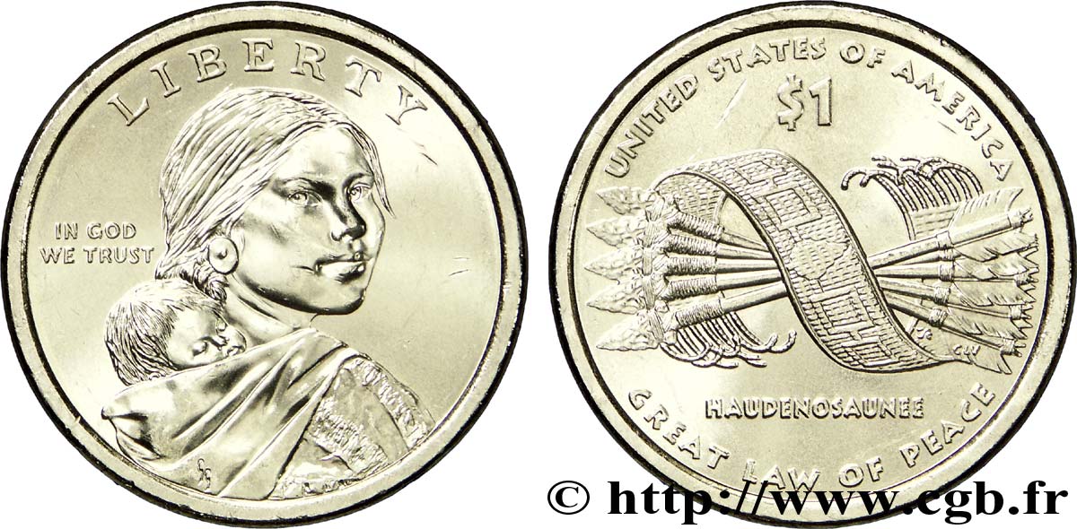 UNITED STATES OF AMERICA 1 Dollar Sacagawea / ceinture d’Hiawatha unissant les 5 nations iroquoises type tranche A 2010 Denver MS 