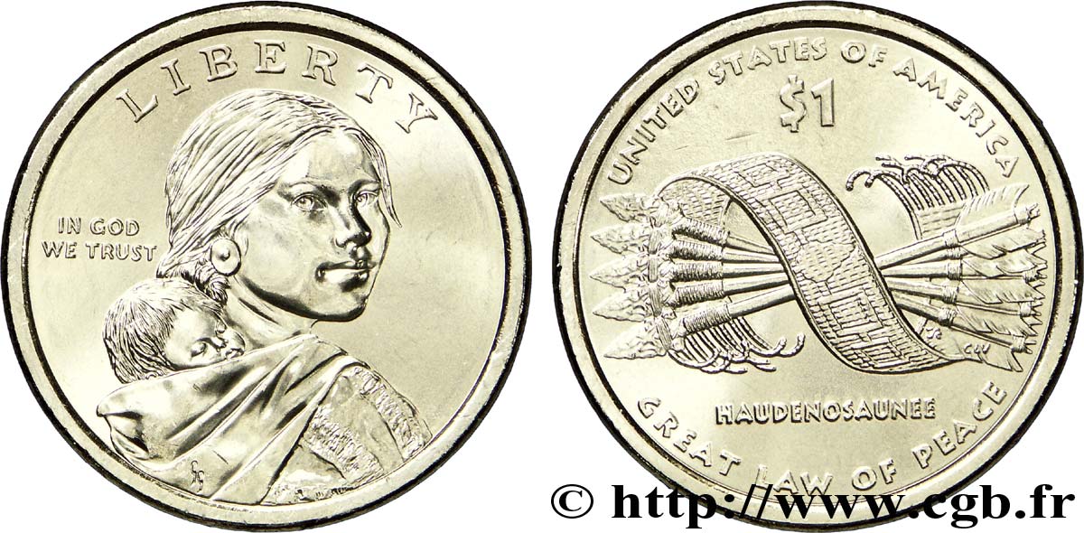 UNITED STATES OF AMERICA 1 Dollar Sacagawea / ceinture d’Hiawatha unissant les 5 nations iroquoises type tranche B 2010 Denver MS 
