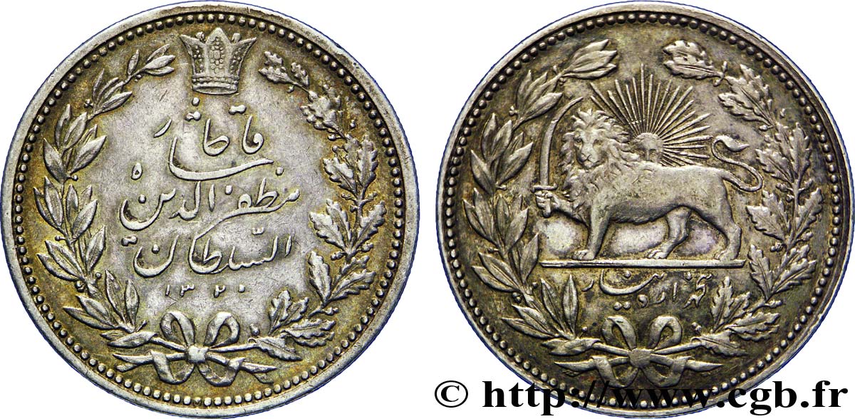 IRAN 5 Kran au nom de Muzaffar al-Din Shah lion iranien AH 1320 1902 Téhéran AU 