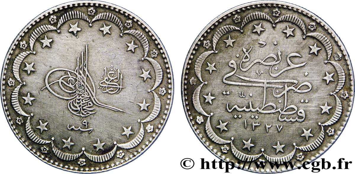 TURQUíA 20 Kurush au nom de Mehmed V Resad AH1327 an 9 1917 Constantinople MBC 